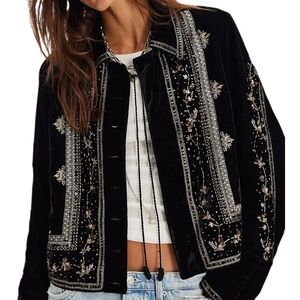 Free People Maxxie Velvet Embellished Jacket Beaded Cropped Black S